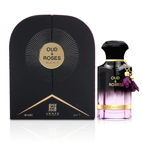 Ahmed Al Maghribi Oud and Roses 60ml eau de parfum bottle with rose petals