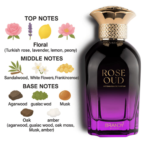 Brandy Rose Oud eau de parfum 100ml, oud patchouli and geranium heart, floral woody scent