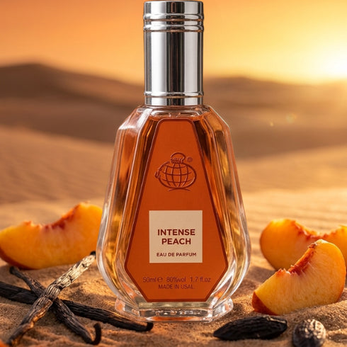 Fragrance World Intense Peach 50ml eau de parfum bottle detail