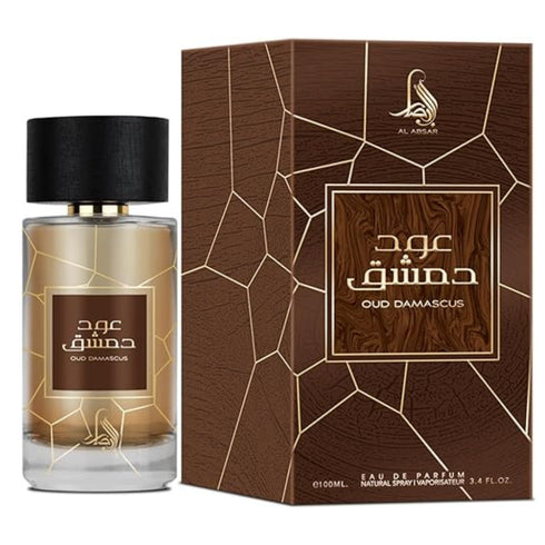 Al Absar Oud Damascus 100ml eau de parfum bottle beside its box showing the eau de parfum 100ml label