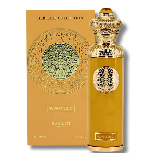 Surrati Honey Oud 140ml eau de parfum gold bottle with Heritage Collection box