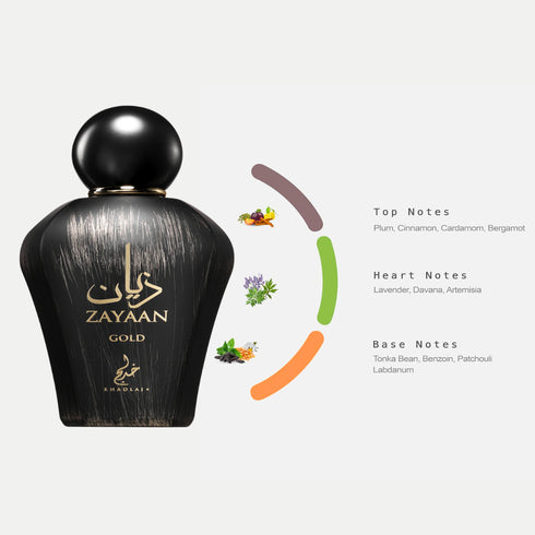 Khadlaj Zayaan Gold 100ml eau de parfum label and box detail