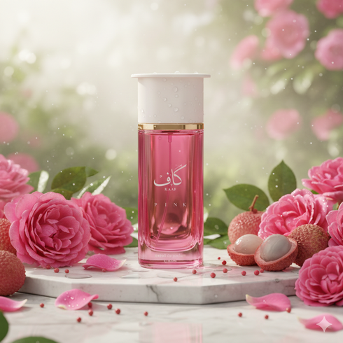 Ahmed Al Maghribi Kaaf Pink 100ml eau de parfum pink bottle with roses