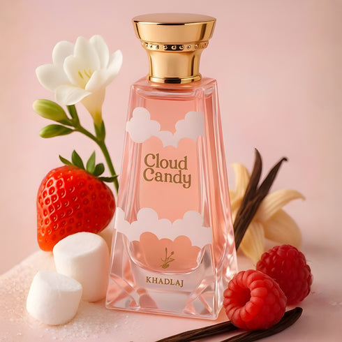 Khadlaj Cloud Candy 100ml eau de parfum pink bottle with fruit