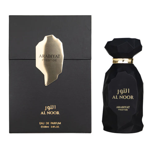 Arabiyat Prestige Al Noor 100ml eau de parfum bottle, spicy cardamom and leather unisex fragrance