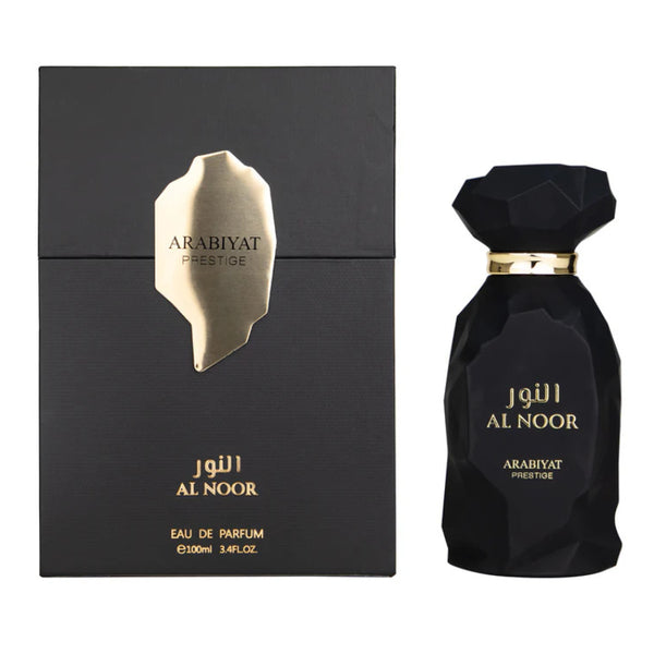 Arabiyat Prestige Al Noor 100ml eau de parfum bottle, spicy cardamom and leather unisex fragrance