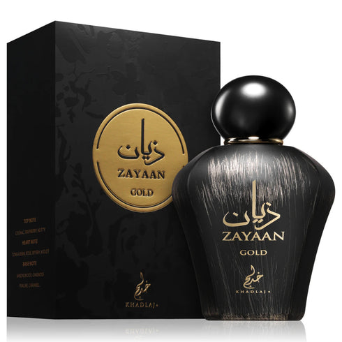 Khadlaj Zayaan Gold 100ml eau de parfum black and gold bottle with box