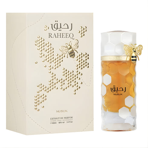 Nusuk Raheeq 100ml eau de parfum, apricot lemon and honey fruity gourmand bottle