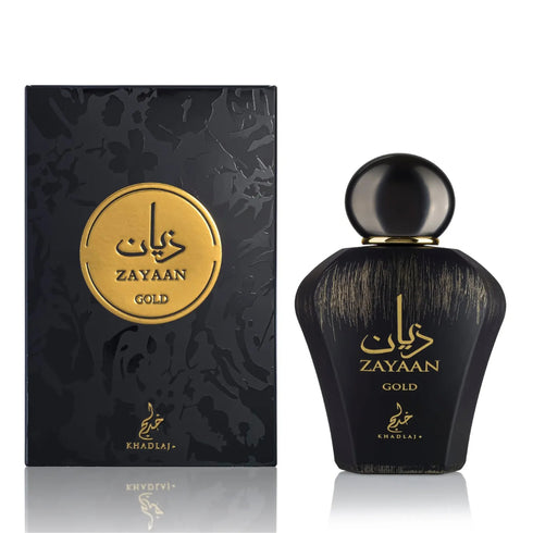 Khadlaj Zayaan Gold 100ml mens eau de parfum bottle and packaging